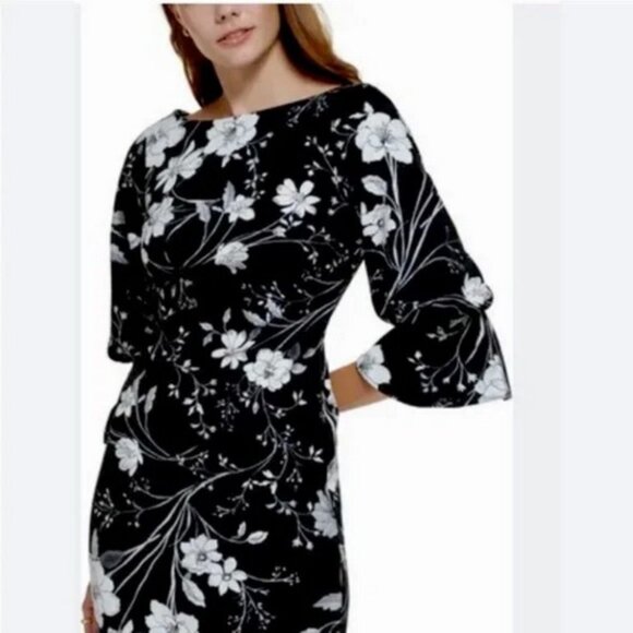 Calvin Klein Black White Floral Dress Bell Cuff Sheath Bateau Neck - Picture 2 of 2